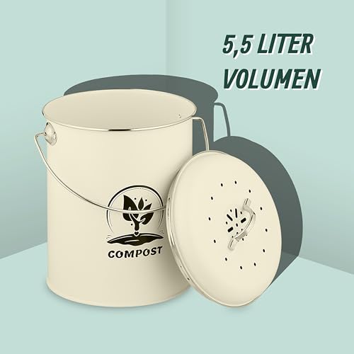 Relaxdays Komposteimer Küche 5,5 Liter, Mülleimer mit Deckel und Geruchsfilter, Abfalleimer Biomüll, Eisen, Creme