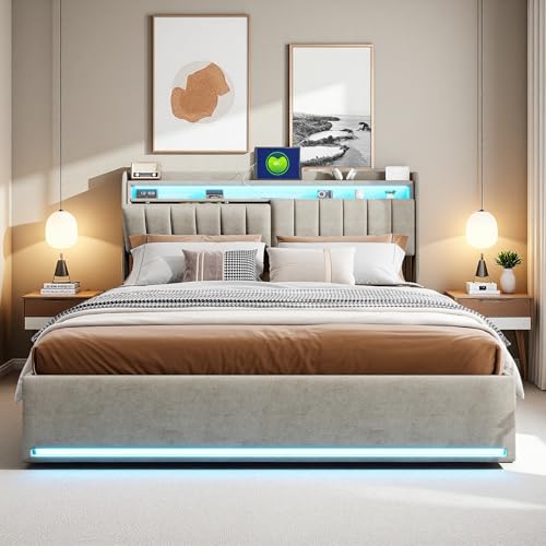 Julyue Lit de rangement 140 x 200 cm avec LED RGB et ports USB, lit suspendu, lit rembourré avec plomberie et étui, tête de lit avec récipient, velours...