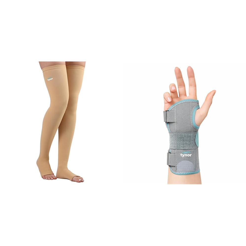 Tynor Compression Stocking Mid Thigh Classic, Beige, Medium, 1 Pair | TYNOR Wrist Splint Ambidextros, Grey, Medium, 1 Unit-image-11