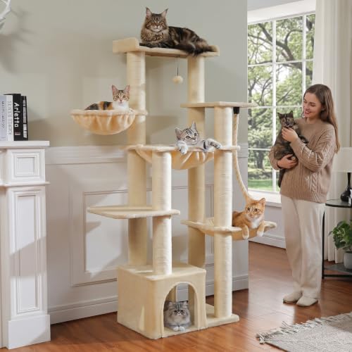 Image of MUTTROS Heavy Duty Cat Tree-67 Tall Cat Tower for Indoor Cats Large Adult with 7 Thick Sisal Scratching Posts (φ4.3), Multi-Level Condo, Big Perch & Hammocks for Maine Coon 20 lbs -Beige