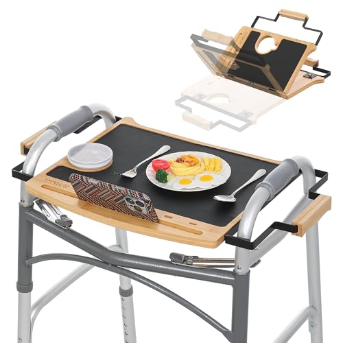 Walker Tray Table with Non-Slip Mat, Tray for Walkers for Seniors Foldable, Food Tray with Cup Holder, Walker Accessories,Bamboo Mobility Table Fits Most Standard Folding Walkers