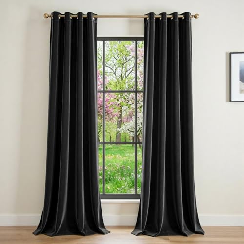 Image of Extra Long Black Velvet Curtains Grommet 52x108 Inch 2 Panels | Soft Velvet, For Tall Windows & High Ceilings, Light Shifting Texture, Elegant Drape, Classic, Rod Pocket