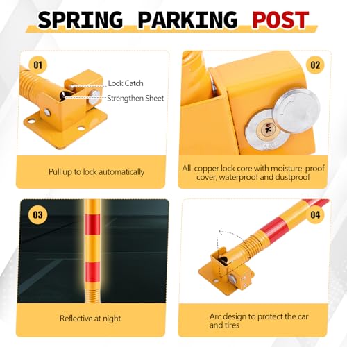 Zonon 1 Pcs Spring Parking Post Folding Heavy Metal Parking Barrier Lock Obstacle Pile with Warning Stripes Interceptor Bollard for Traffic-Sensitive Area Garage (Red) by Zonon - Image 3