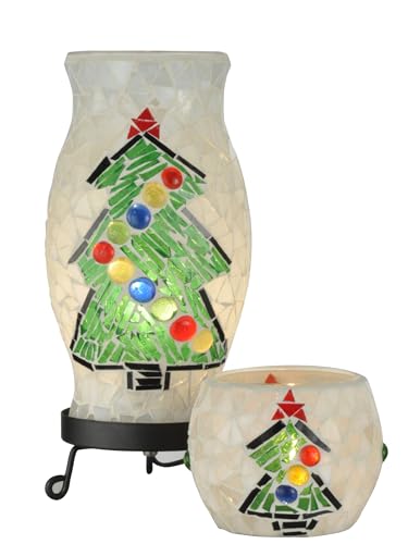 Dale Tiffany TAL100855 10.75 Tall Handmade Christmas Mosaic Art Glass Accent Lamp and Xmas Candle Votive Set