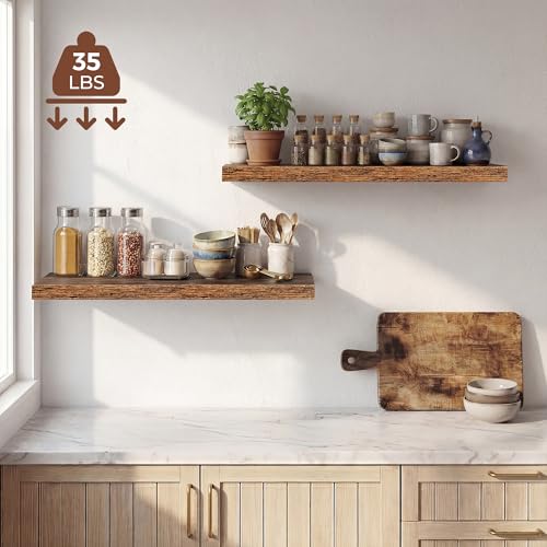 Image of Dreamland 32 Inches Floating Shelves for Wall, 9.3 inch Deep Long Floating Shelves Set of 2, Large Display & Storage Shelf, Wall Shelf for Bathroom Bedroom Living Room Kitchen Office, Rustic Brown