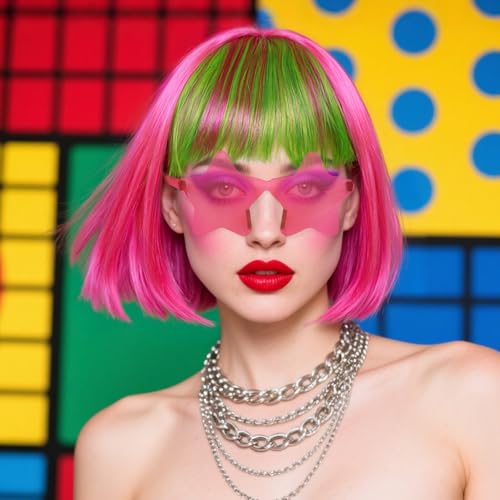 Image of ANOGOL Hair Cap + (Sunglasses) Rainbow Wig Yellow Green Pink Bob Wig with Bangs Womens Party Wigs with Star-Shaped Glasses Short Neon Wig Daily Party Fun Wigs Women Halloween Costume Bachelorette Hair