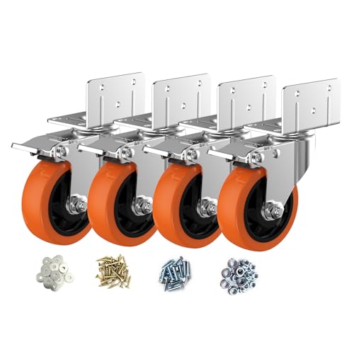 Image of 4 inch L-Shaped Caster Wheels Set of 4, Side Mount Swivel Casters | With Brake, Polyurethane Wheels, Non-Marking. 360 Double Ball Bearing. For Workbench, Shelving, Cart, Garage, Workshop.