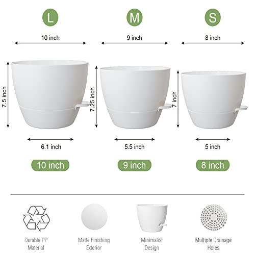 Uouz 10/9/8 Inch Self Watering Pots, Set Of 3 Plastic Planters With Mesh Drainage Holes And Deep Reservoir For Indoor Outdoor Garden Plants And Flowers, White #TOP1