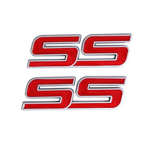 Image of 2Pc Trunk and Fender SS Emblem 10336980 3D Metal Badge Pearl Replacement for 2006 2007 2008 2009 2010 Impala Malibu HHR Cobalt SSR (Silver Red)