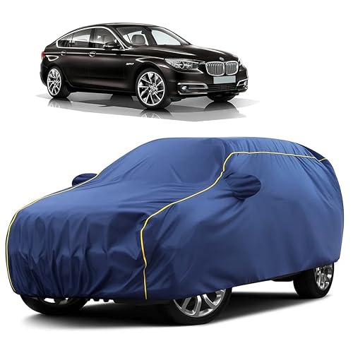 Image of Sulfar 100% Water Resistant Car Body Cover Compatible with Mirror for BMW 5 Series GT (Triple Stitched, Full Bottom Elastic, Blue Taffeta with Yellow Piping)