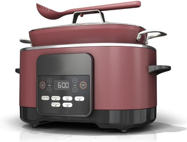 Niinjja Possible Cooker, 8.5 Quart, 6 in 1 Multi Cooker, Slow Cooker, Steamer, Glass Lid Integrated Cooking Utensil, Nonstick, Oven Safe Pot to 500°F, color cherry (model MC 1000)