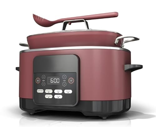 Niinjja Possible Cooker, 8.5 Quart, 6 in 1 Multi Cooker, Slow Cooker, Steamer, Glass Lid Integrated Cooking Utensil, Nonstick, Oven Safe Pot to 500°F, color cherry (model MC 1000)