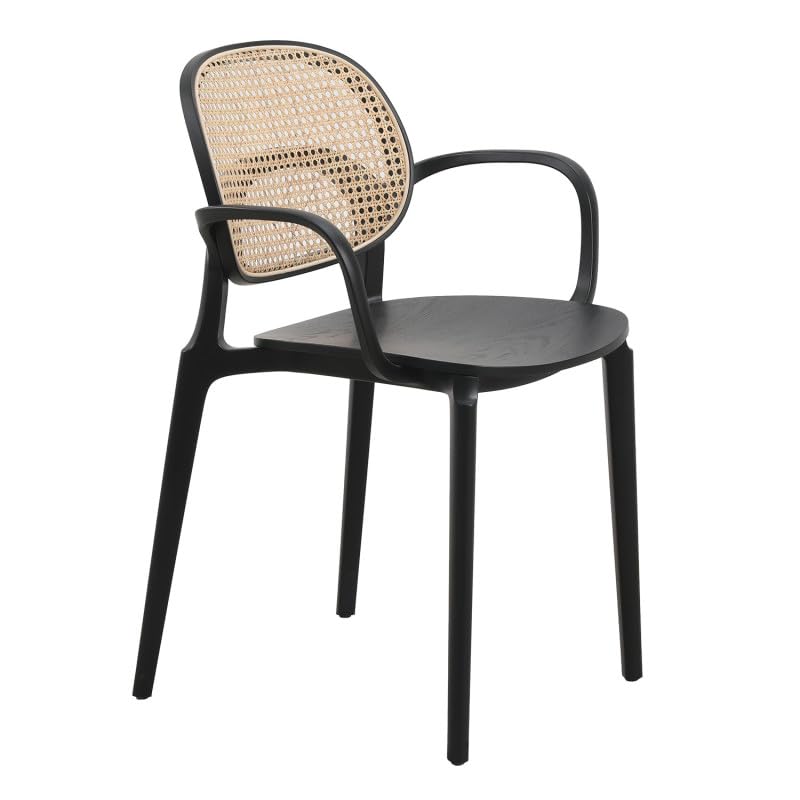 Kosmi Fauteuil avec Structure Noire, Assise Bois et Cannage Naturel