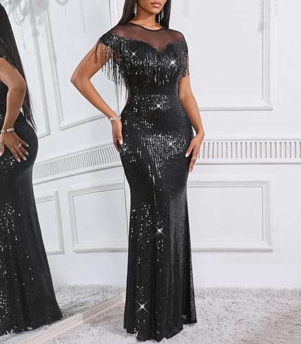 Image of Cololura Sexy Sequin Tassel Mesh Perspective Party Cocktail Bodycon Evening Club Maxi Dress