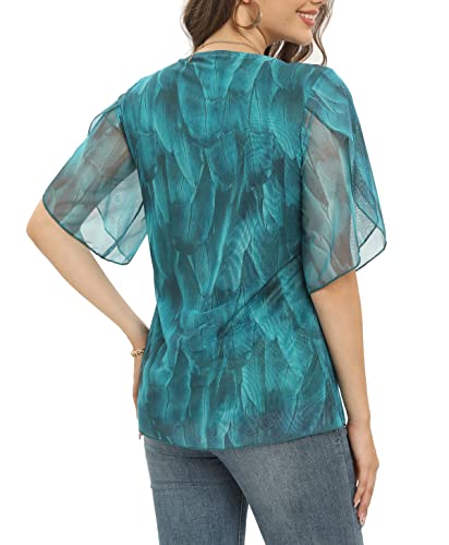 Image of Oyamiki Womens Half Sleeve Layered Flowy Chiffon Blouses Round Neck Shirts Tops