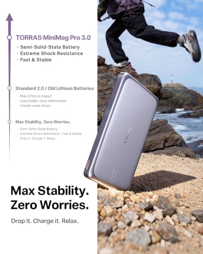 Image of TORRAS MiniMag Pro Portable Charger Power Bank, 10000mAh 15W Magnetic Battery Pack for iPhone 17 /16 /15 /14 /13 /12, Slim Magnetic Wireless Charger, Semi-Solid-State Battery for Travel Purple