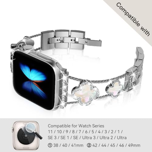 Image of Musk-MSKR Diamond Metal Bands Add Sparkle to Your Watch For Apple Watch Series 11 /10 /9 /8 /7 /6 /5 /4 /3 /2 /SE /Ultra Clover Simple and Stylish Compatible with 38mm40mm41mm42mm44mm45mm 46mm49mm Women's Wear