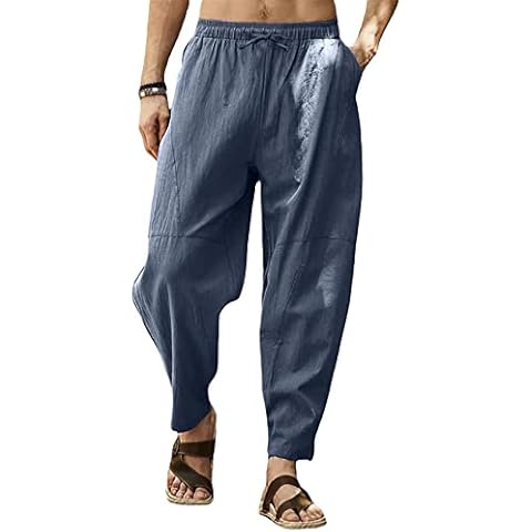 Gafeng Mens Linen Harem Pants Casual Loose Fit Beach Drawstring Elastic Waist Yoga Trousers with Pockets Grey Cover