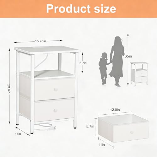 Image of Nightstand with Charging Station, Bedside End Table with 2 Fabric Drawers for Bedroom, Side Table with USB Ports and Outlets (White)