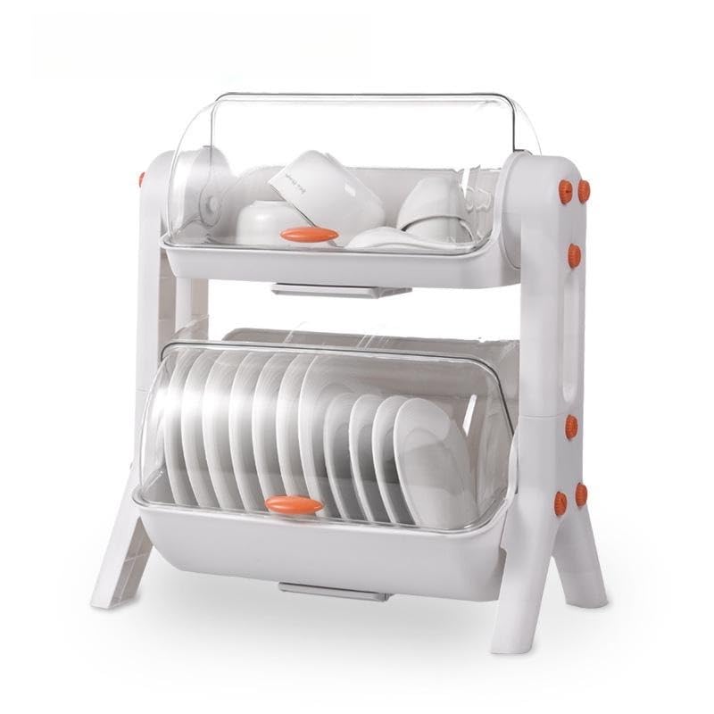 LSQCSN 2 Tier Dish Drainer Rack, Kitchen Sink Dish Rack with Cup Holder, Utensil Holder, Sink Drainer Rack Draining Household Box with Lid Cupboard for Kitchen Counter (White,two layers)