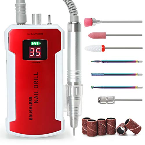 Electric Nail Drill, 30000RPM Professional Nail Kit Rechargeable Nail Drill & Cordless Nail Drill for Acrylic Gel Nails with Nail Drill Bits and Sanding Bands, Electric Nail File for Salon Use or Home