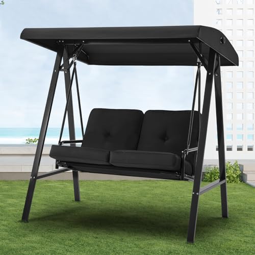 Image of U-MAX 2 Seat Outdoor Patio Swing Chair for Adults, Porch Swings with Adjustable Canopy, Outside Swing Bench with Removable Cushion, Suitable for Backyard, Garden, Yard, Poolside, Balcony (Black)