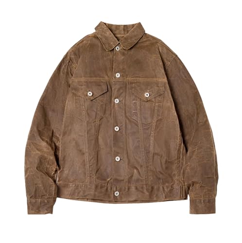 Mens Retro Heavyweight Canvas Oil Waxed Jacket Cotton Spring Fall Khaki Casual Outdoor Work Style Jacket