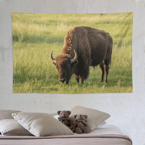 Tapisserie murale bohème Bison Eats Grass avec kit de suspension