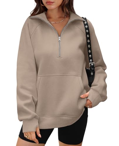 Ofeefan Sweatshirts For Women Half Zip Oversized Crewneck Sweatshirts Quarter Zip Pullover Sweaters Hoodies For Women Fall Fashion Winter Clothes Outfit Coffee Grey S thumb #1