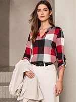 Dokotoo Womens Spring Fall Casual Ladies Basic Cotton Cuffed 3/4 Long Sleeve Plaid Print V Neck Tunic Blouses and Tops Shirts for Women 2025 for Work Fashion Red — image 5