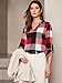 Dokotoo Women's Spring Fall Fashion Casual Ladies Basic Cotton Cuffed 3/4 Long Sleeve Plaid Print V Neck Work Tops Tunic Shirts and Blouses for Women 2025 Red