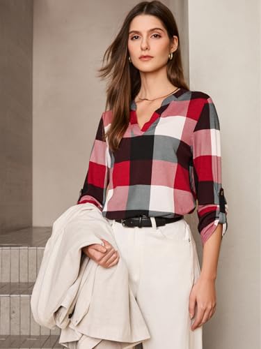 Image of Dokotoo Womens Tops Plaid Cotton Cuffed 3 /4 Sleeve Shirts Blouses