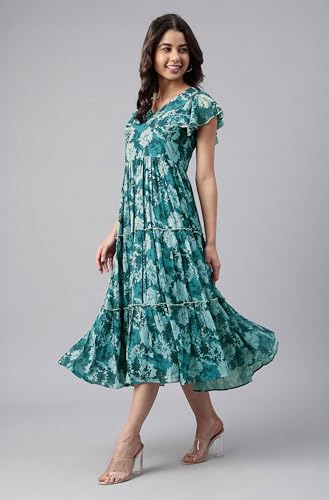 Image of Janasya Women's Georgette Printed Flared Western Dress