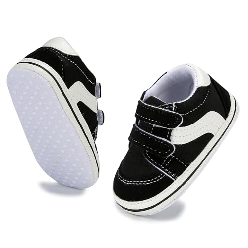 Image of SABATUTU Baby Boys Girls Canvas Sneakers Toddler Non-Slip Soft Sole Newborn Infant Lightweight First Walker Crib Shoes (031/Black, 6-12 Months)