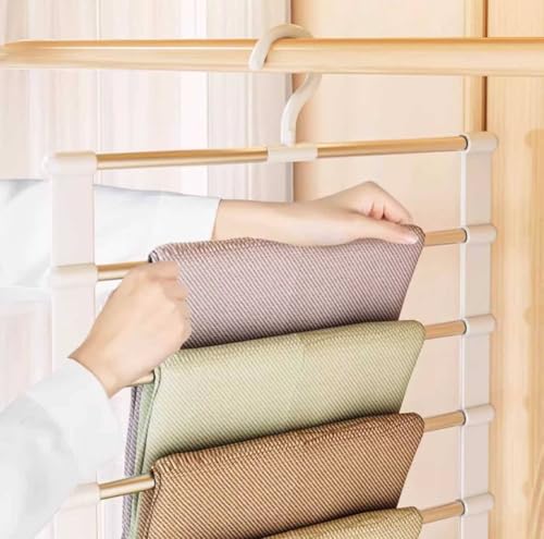 Image of Xmart India 5 Layer Folding Pants Hangers - Stainless Steel Multi-Tier Closet Organizer Space-Saving Hanger for Jeans, Trousers, Leggings Multi-Layer Pant Organizer for Wardrobe, Clothes (2 Pcs)