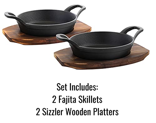 Bruntmor Mini Cast Iron Sizzler Plates Skillet Set Of 4. Round Fajita Plate With Wooden Base/Pan Tray Serving Sizzling Dish And Fajitas thumb #3