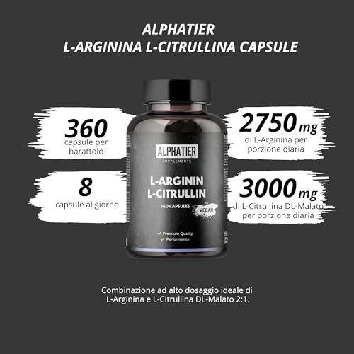 Capsule L-Arginina L-Citrullina Alto Dosaggio - 360 Pillole Vegane - 3000mg di Citrullina Malato + Arginina Base per Porzione - Alphatier - Qualità Premium Senza Magnesio Stearato + Additivi - 2