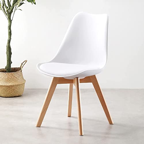 Image of Creative Modern Scandinavian Dining Chair Ergonomic Molded seat with Wooden Legs Perfect Blend of Style and Comfort for Dining or workspace use. | (Pack of 1) (White)