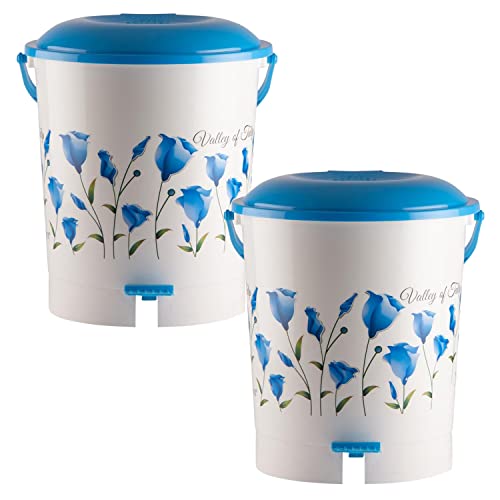 Kuber Industries Floral Printed Multiuses Plastic Pedal Dustbin, Waste Bin, Trash Can With Handle, 10 Litre- Pack of 2 (Blue)-47KM0761