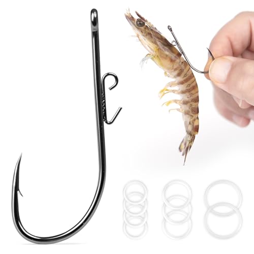 30-Pack Live Shrimp Fishing Hooks Zero Harm Wide Gap Hooks with S/M/L Silicone Rings 5 Sizes Assortment Pack 1/0-5/0 Freshwater Saltwater