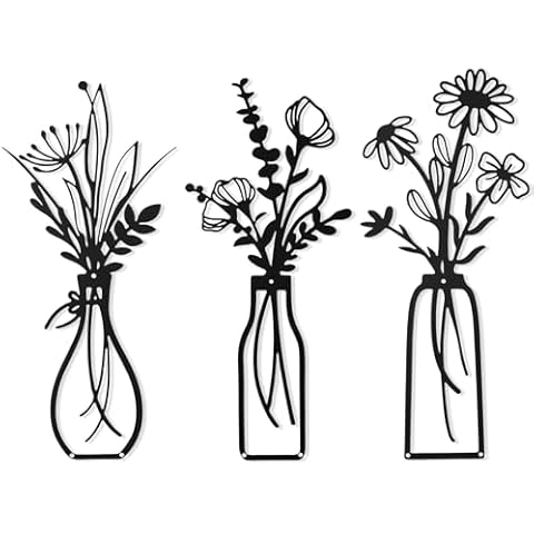 Metal Flowers Wall Decor 3 Pcs 14.6 Inches Wrought Iron Flowers and Vases Wall Decor for Living Room Accent Wall Art for Bedroom Large Modern Home Flowers Wall Sculpture, Black Cover