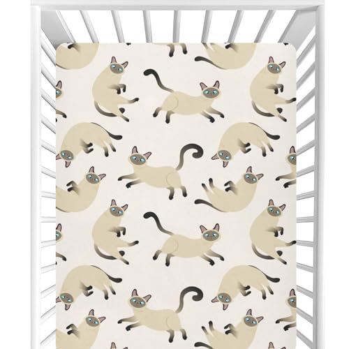 Image of CaTaKu Crib Sheets for Girls & Boys - Cute Siamese Cat Baby Sheets, Neutral Toddler Mini Crib Mattress Sheets Fitted for Nursery Bed, 27 inchx 39 inch