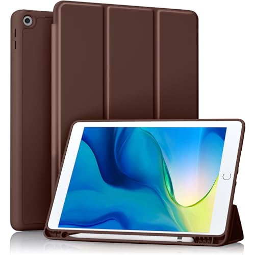 Akkerds Case Compatible with iPad 10.2 Inch 2021/2020/2019, for iPad 9th/8th/7th Generation Case with Pencil Holder, Protective Case with Soft TPU Back, Auto Sleep/Wake Cover, Darkbrown