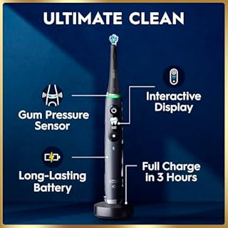 Oral-B Rechargeable Electric Toothbrush, iO9 Limited Ultimate Clean, 7 Cleaning Modes, Interactive Display, iSense Charger, Charging Travel Case, Visible Pressure Sensor, 3 Brush Heads, Black