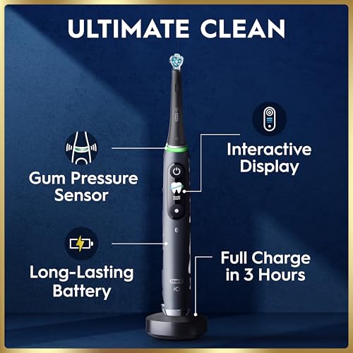 Image of Oral-B Rechargeable Electric Toothbrush, iO9 Limited Ultimate Clean, 7 Cleaning Modes, Interactive Display, iSense Charger, Charging Travel Case, Visible Pressure Sensor, 3 Brush Heads, Black
