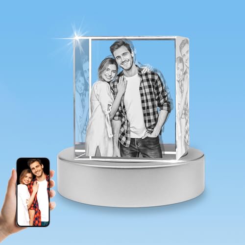 HAN'S LASER 3D Crystal Photo with Light Base, Custom Glass Picture Cube with Your Own Photo for Mom Dad Her Him, Personalized Memorable Gifts for Birthday Anniversary Christmas, Medium Portrait