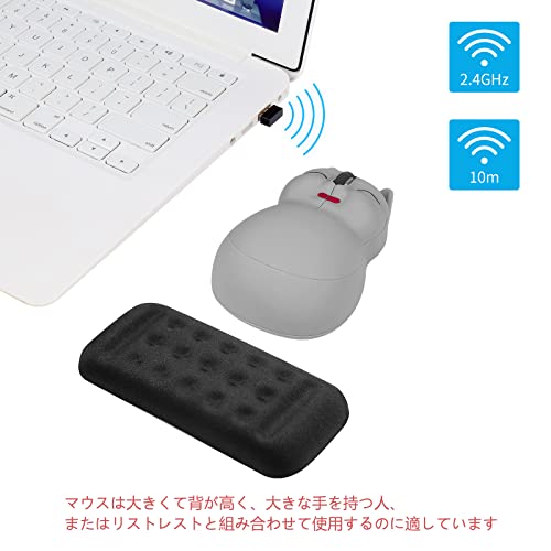 ワイヤレスマウス2.4Ghz 猫の形 動物デザイン USB無線マウス 静音 電池式 光学式 Lサイズ 左右対称 軽量 PC/ノートパソコン/コンピューター/Macbookに対応 キャラクター ねこ かわいい (グレー)