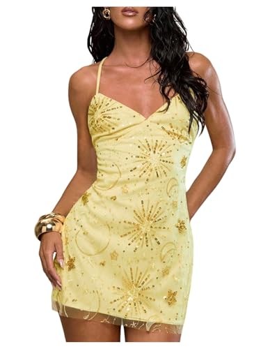 SweatyRocks Womens Sequin Mini Dress Sexy Sparkly V Neck Backless Bodycon Party Cocktail Dresses Yellow Medium