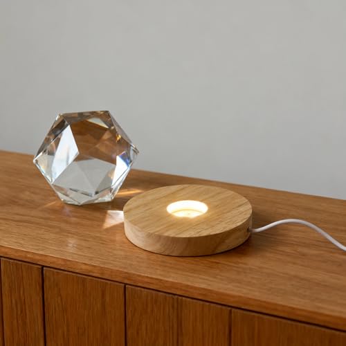 Image of Wooden LED Light Display Base, Round Lighted Lamp Stand Desk Table Holder (with USB Cable Switch) - Warm Light Version for Crystal, Glass, Acrylic, 3D Resin Lamp Models