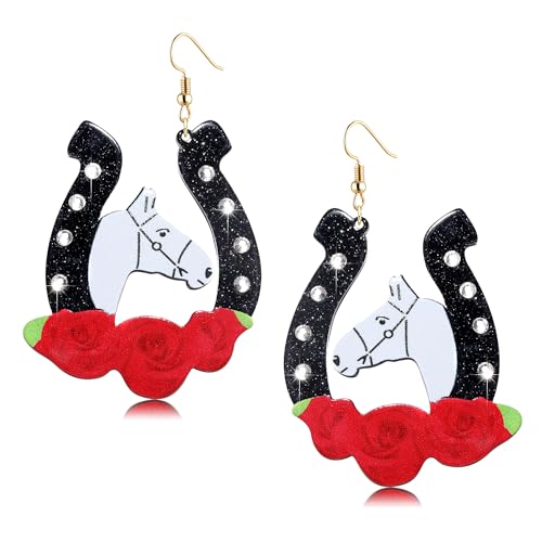 Kentucky Derby Race Horse for Women Glitter Acrylic Rhinestone Horseshoe Rose Drop Dangle Earrings Jewelry Gift for Horse Racing Fan (black horseshoe earrings)